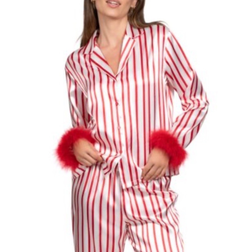 Linea Donatella‎ Women's Red Marabou Faux-fur Trimmed Striped Pajama Set  - L